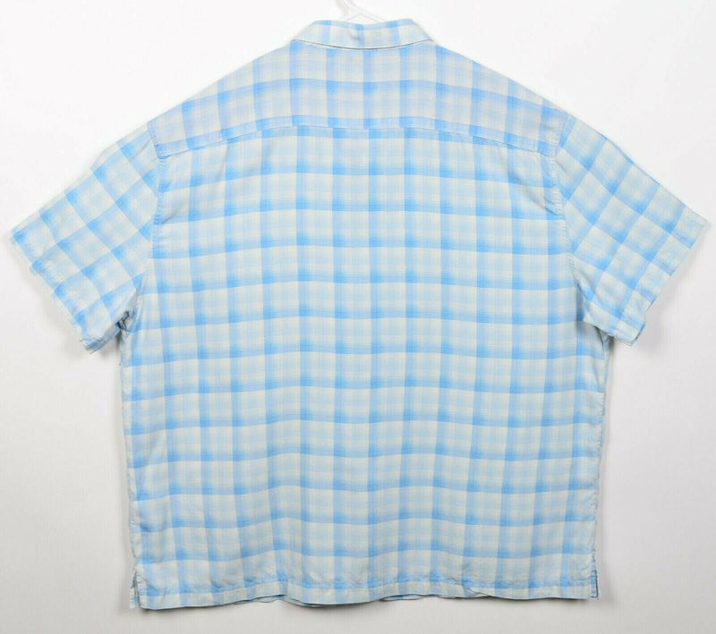 Nat Nast Men's 2XL Silk Blend Blue White Plaid Hawaiian Bowling Retro Shirt