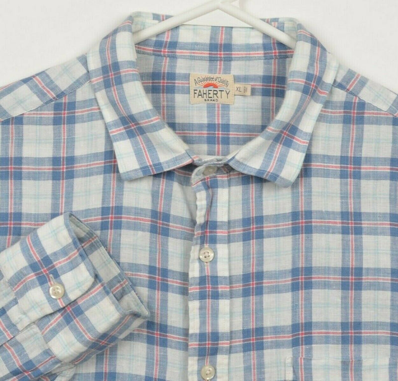 Faherty Men's XL 100% Linen Blue Red White Plaid Preppy Button-Front Shirt