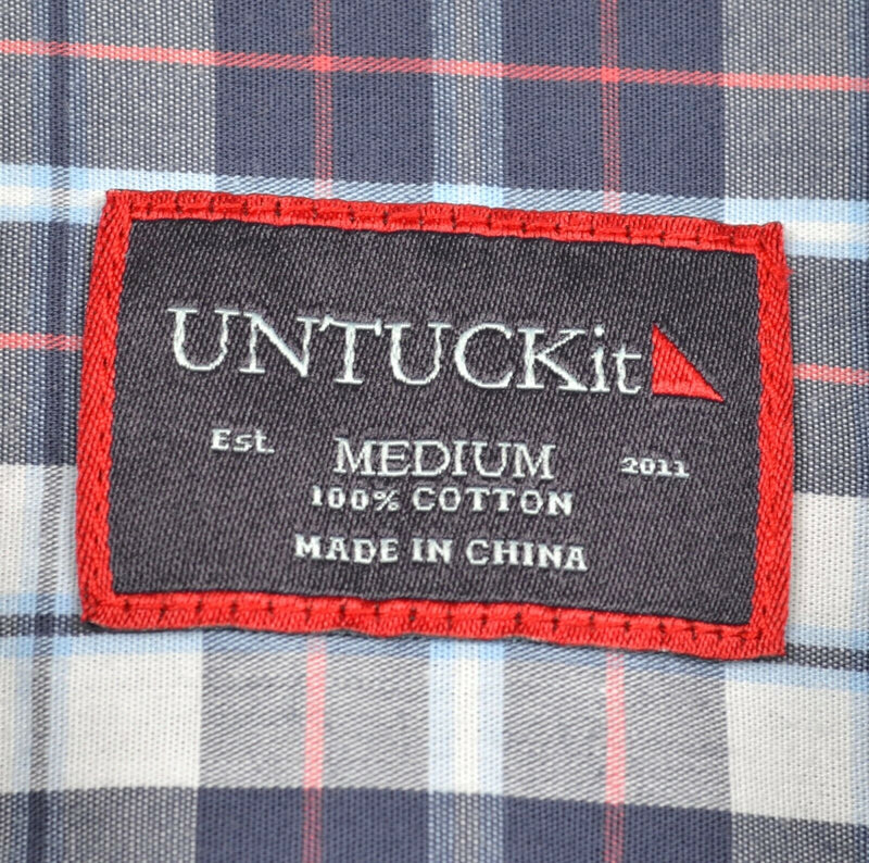 UNTUCKit Men's Sz Medium Navy Blue Plaid Short Sleeve Button-Front Shirt