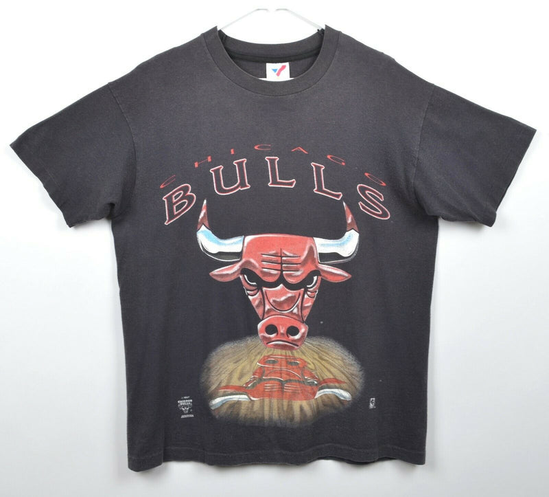 Vtg 90s Chicago Bulls Men's Large Court Reflection Artex Black Graphic T-Shirt