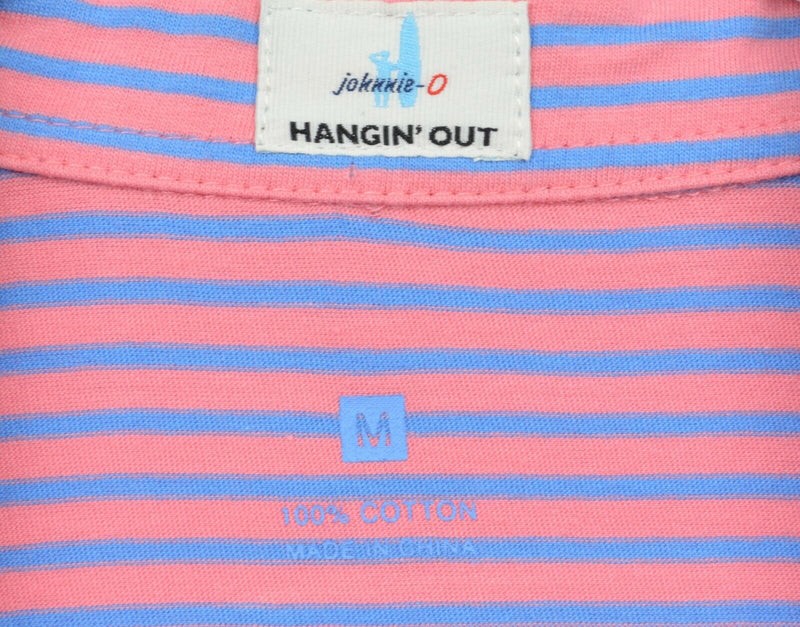 Johnnie-O Hangin' Out Men's Medium Pink Blue Striped Surfer Pocket Polo Shirt