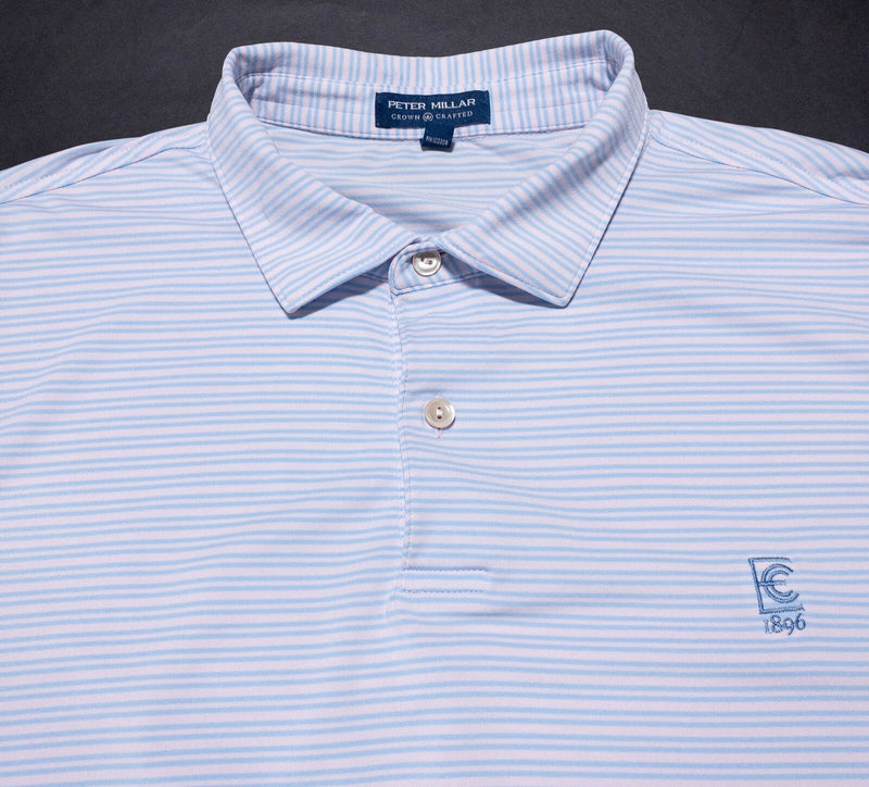 Peter Millar Crown Crafted Polo Mens Large Pink Blue Striped Wicking Sleeve Logo