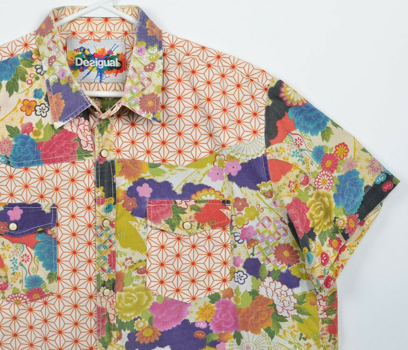 Desigual Men's 2XL Floral Pearl Snap Geometric Colorful Bright Shirt