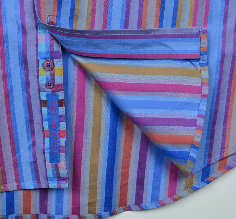 Robert Graham Men's Large French Cuff Multicolor Pink Blue Striped Dress Shirt