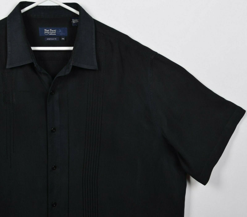 Nat Nast Men's 2XL100% Silk Black Geometric Stitch Hawaiian Bowling Retro Shirt