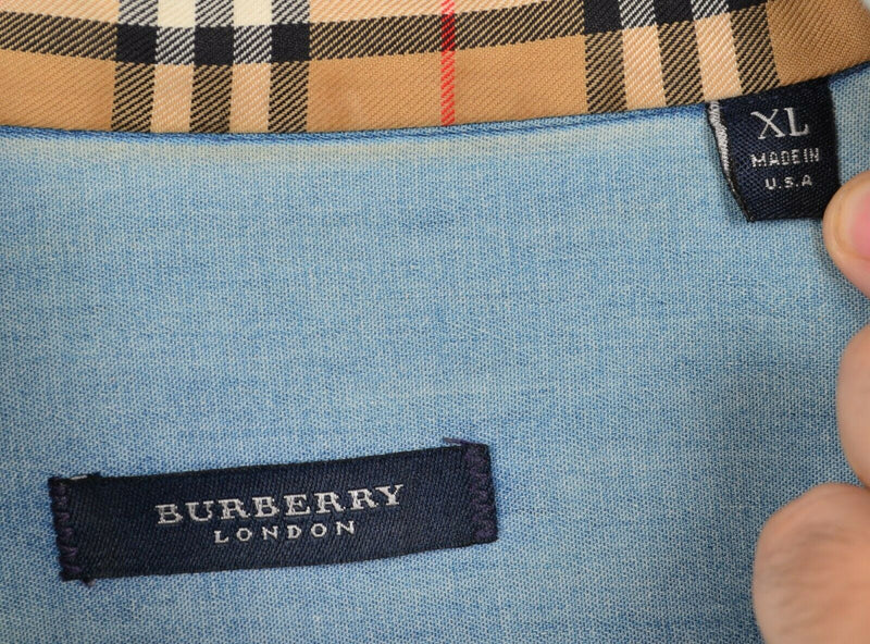 Vintage 90s Burberry London Men's Sz XL Denim Nova Check Flip Cuff Shirt