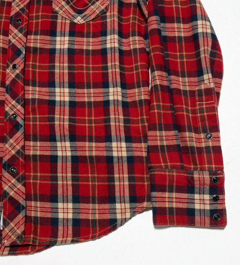 True Religion Pearl Snap Flannel Shirt Red Plaid Western Rockabilly Men's XL