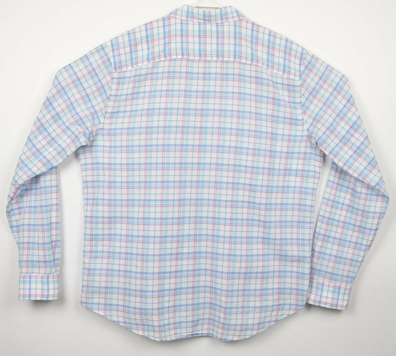 Faherty Men's XL Aqua Blue Pink Plaid Cotton Linen Blend Button-Front Shirt