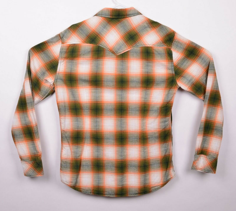 Diesel Men's Sz Large Regular Fit Pearl Snap Orange Plaid Rockabilly Shirt