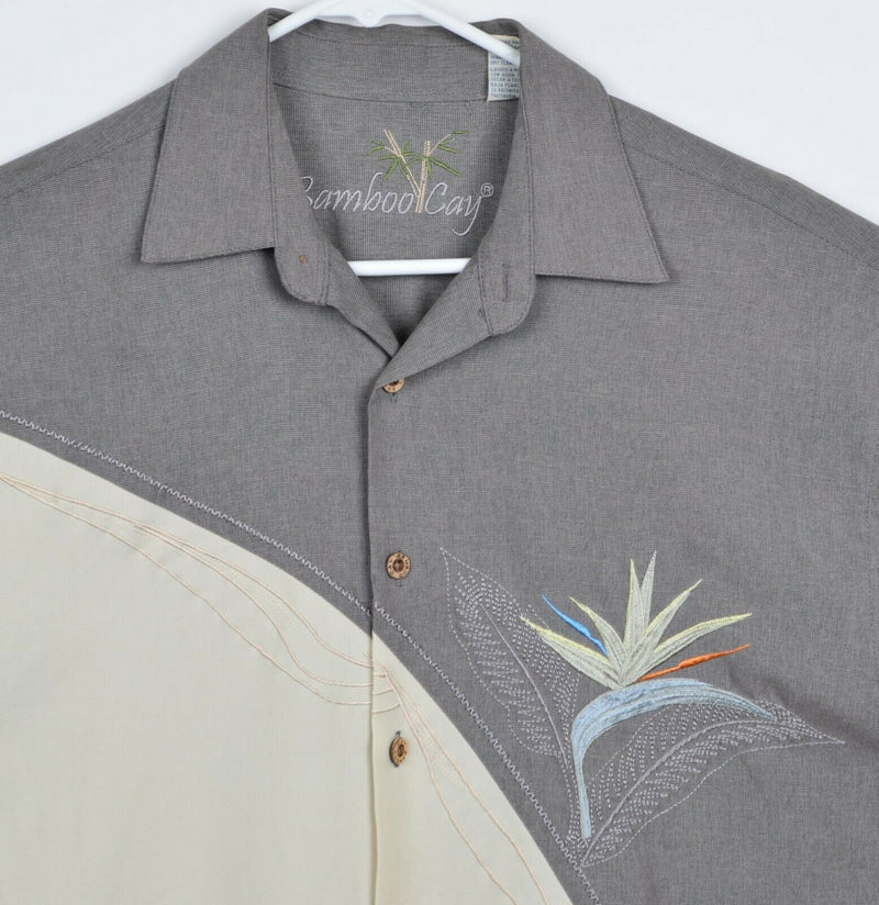 Bamboo Cay Men's Sz Medium Modal Blend Floral Embroidered Gray Hawaiian Shirt