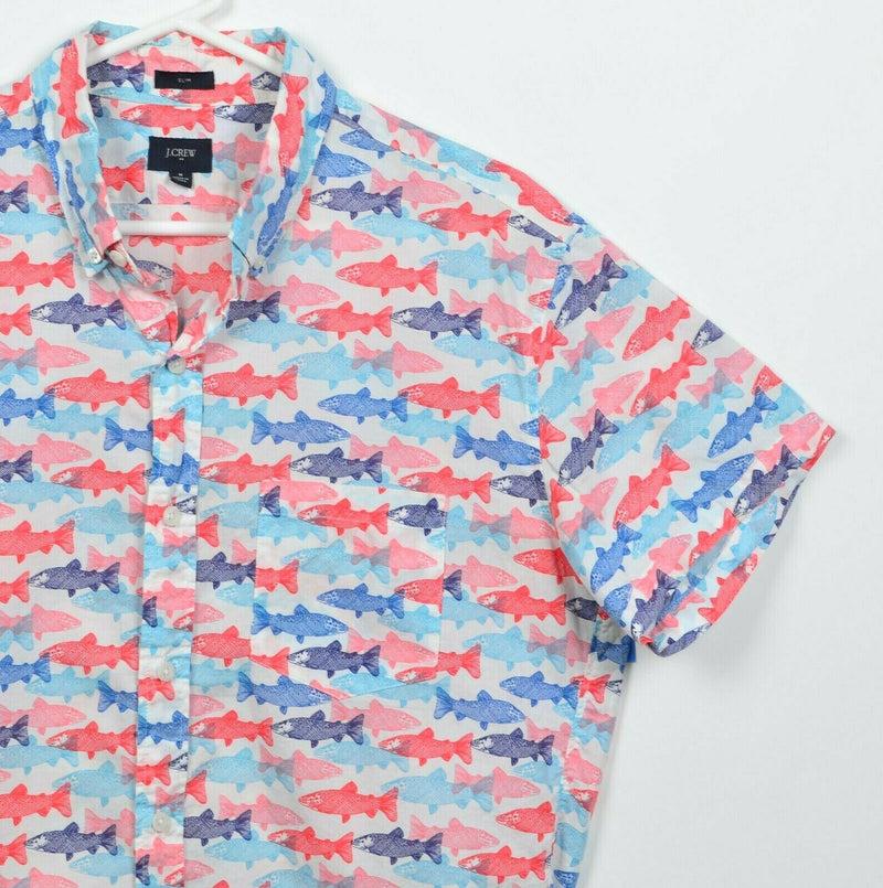 J. Crew Men's Medium Slim Fish Trout Pattern Pink Blue Button-Down Shirt