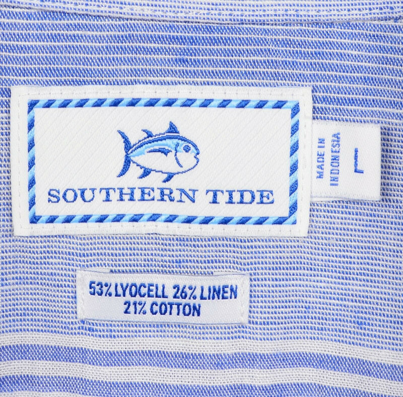 Southern Tide Men's Large Linen Blend Blue Striped Skipjack Button-Down Shirt