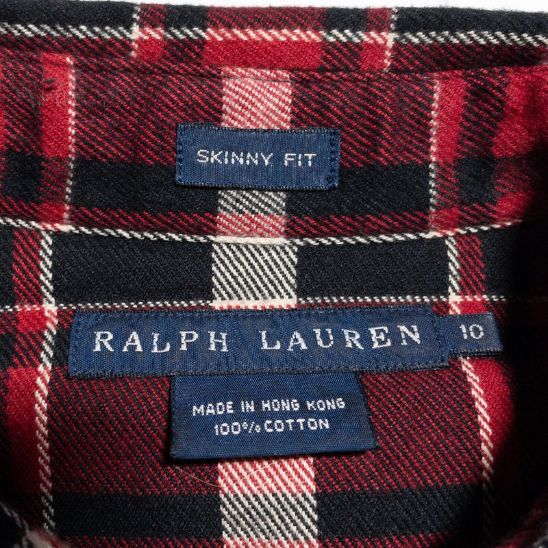 Ralph Lauren Pearl Snap Shirt Women's 10 Skinny Fit Flannel Plaid Red Rockabilly