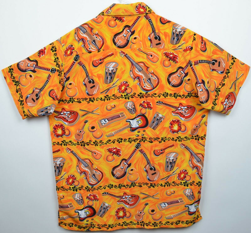Box-Office Island Men's XLT Guitar Floral Orange Hawaiian Polyester Camp Shirt