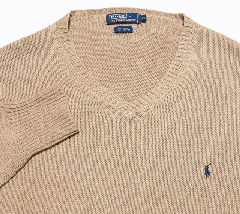 Polo Ralph Lauren Linen Sweater Men's XL Knit Pullover V-Neck Oatmeal Tan