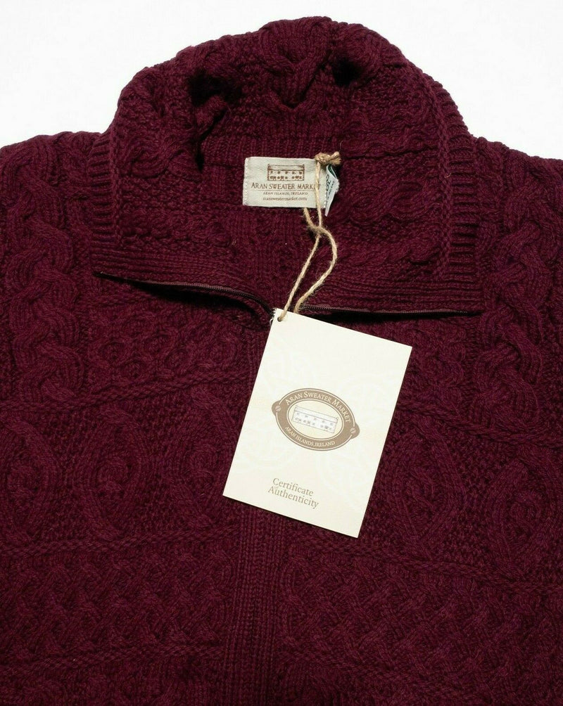 Aran Sweater Market Women's Medium 100% Merino Wool Maroon Red Full Zip Sweater