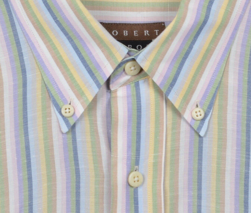 Robert Talbott Men's Large Linen Blend Multi-Color Striped Button-Down Shirt