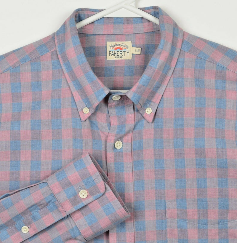 Faherty Brand Men's Large Pink Blue Plaid Check Cotton Spandex Button-Down Shirt