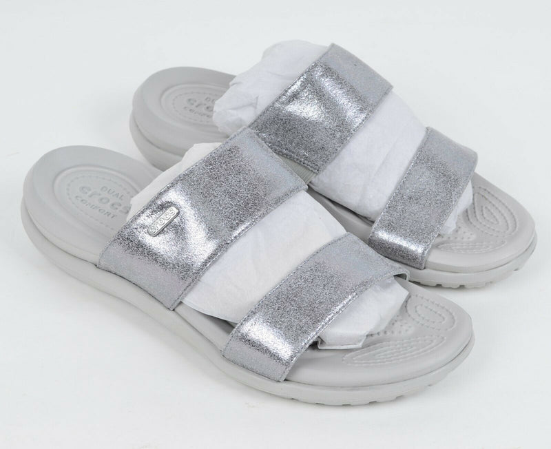 Crocs Women's US 10 Capri Dual Strap Pearl White Gray Glitter Slip-On Sandal