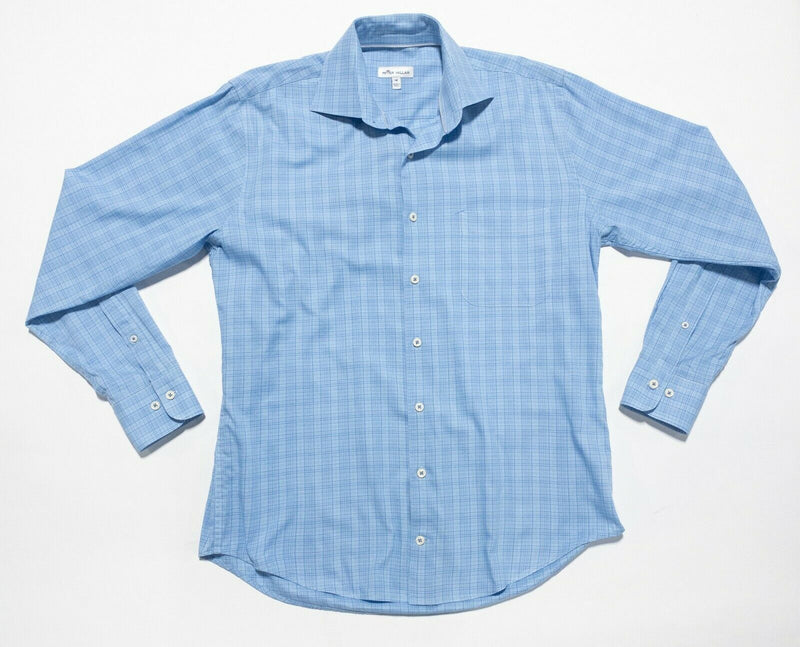 Peter Millar Crown Sport Men's Medium Blue Plaid Cotton Poly Viscose Blend Shirt