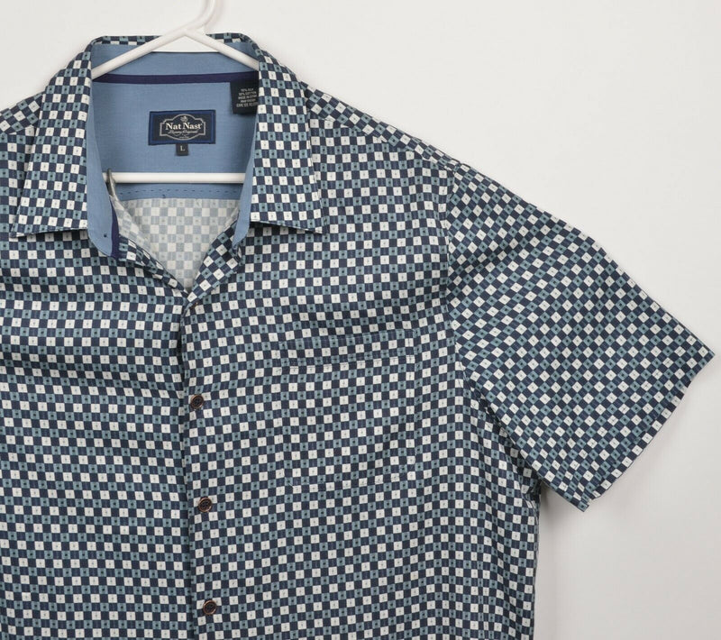 Nat Nast Men's Large Silk Blend Geometric Blue Check Hawaiian Camp Shirt