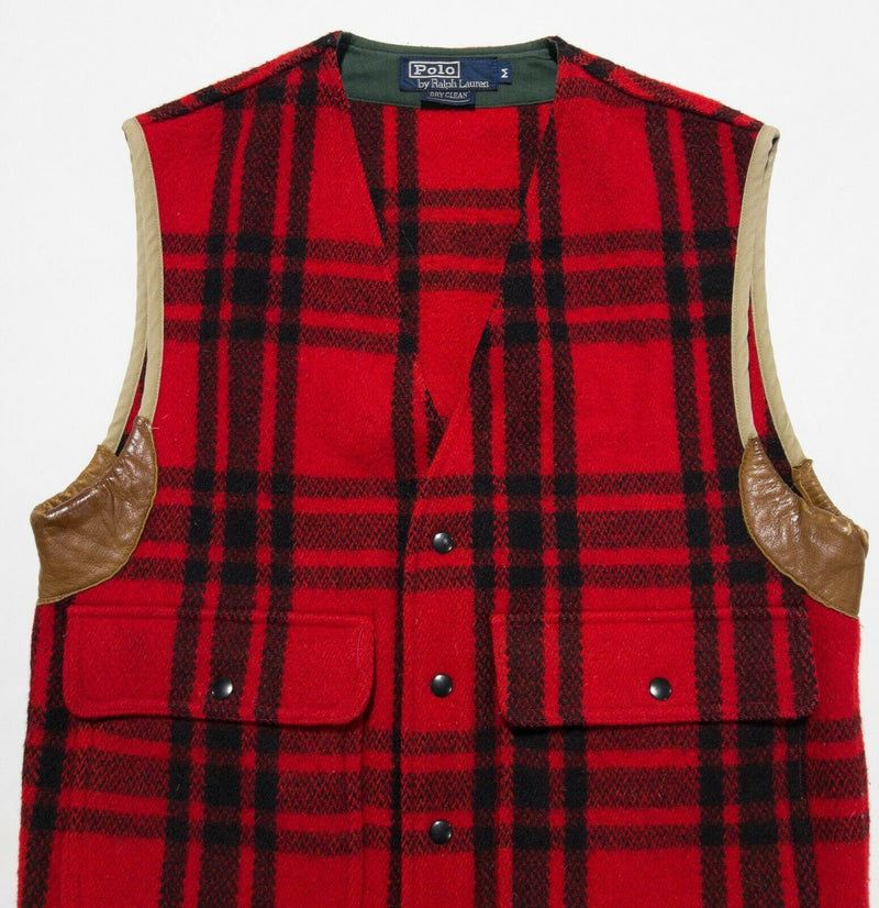 Vintage Polo Ralph Lauren Men Medium Hunting Red Buffalo Plaid Leather Wool Vest