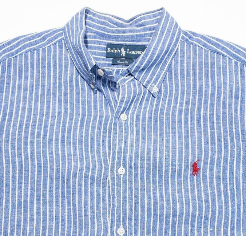 Polo Ralph Lauren Linen Shirt Large Classic Fit Men's Blue Striped Button-Down