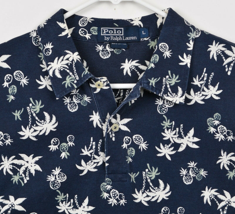 Vtg Polo Ralph Lauren Men's Sz Large Pineapples Floral Navy Blue Polo Shirt