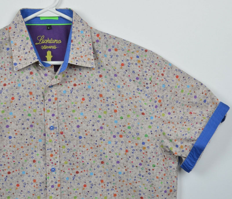 Luchiano Visconti Men's Large Colorful Dots Short Sleeve Button-Front Shirt