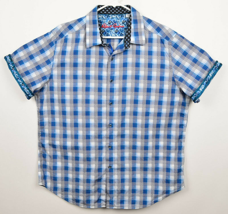 Robert Graham Men's Sz XL Classic Fit Flip Cuff Blue Gray Plaid Check S/S Shirt