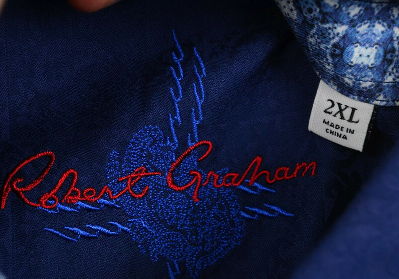 Robert Graham Men's Sz 2XL Flip Cuff Navy Blue Paisley Button-Front Shirt