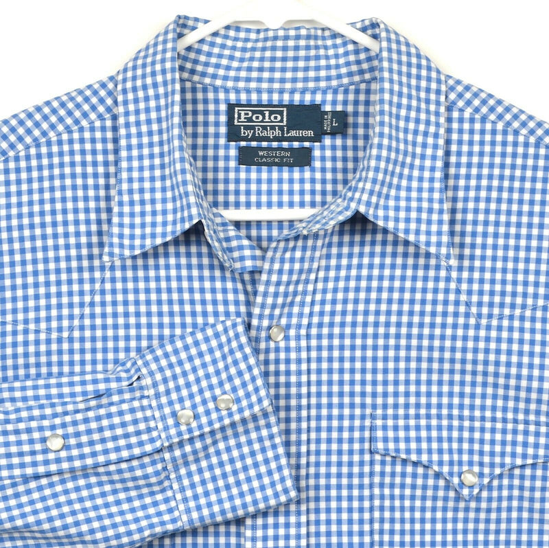 Polo Ralph Lauren Men's Sz Large Pearl Snap Blue Gingham Check Western Shirt
