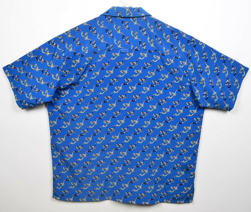 Vintage 90s FUBU Men's 2XL Scuba Snorkel Graphic Print Blue Polyester Camp Shirt