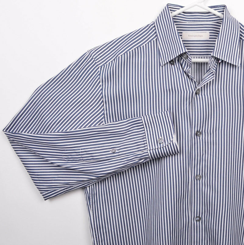 Ermenegildo Zegna Men Medium Blue White Striped Made in Italy Button-Front Shirt
