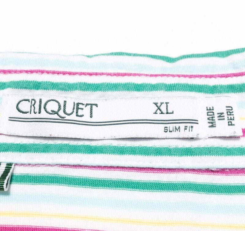 Criquet Polo Shirt XL Slim Fit Men's Magenta Green White Stripe Colorful Logo