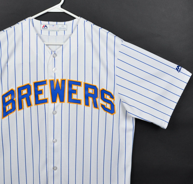 Majestic Brewers Men's Large Lucroy White Pinstripe Majestic Coolbase MLB Jersey