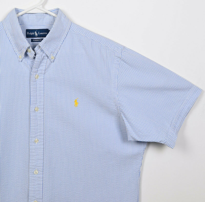 Polo Ralph Lauren Men's Large Classic Seersucker Blue Striped Button-Down Shirt