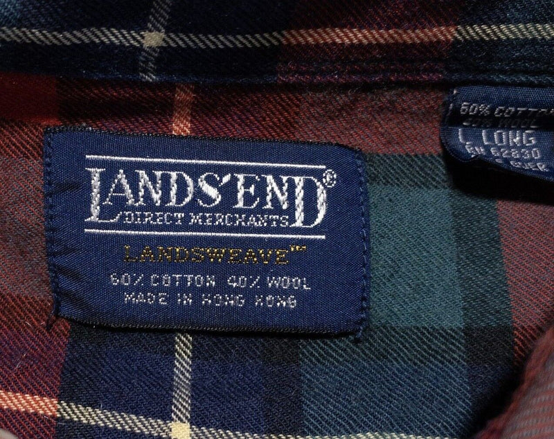 Lands' End Landsweave Flannel Large Men's Shirt Wool Blend Red Green Plaid Check