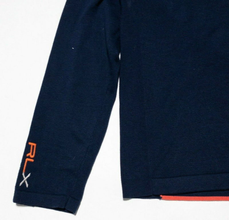 RLX Ralph Lauren Sweater Men's Medium V-Neck Navy Blue Orange Spell Out Golf