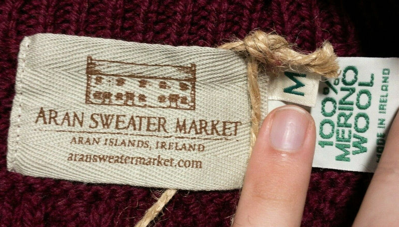 Aran Sweater Market Women's Medium 100% Merino Wool Maroon Red Full Zip Sweater