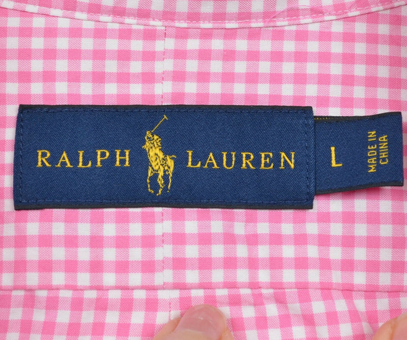 Polo Ralph Lauren Men's Large Pink White Gingham Check Logo Button-Down Shirt