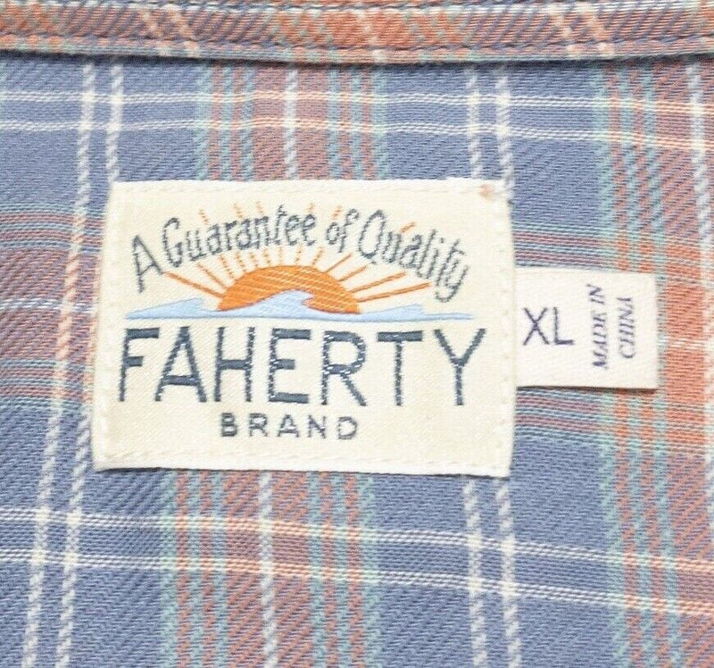 Faherty XL Shirt Men's Long Sleeve Button-Front Blue Pink/Orange Plaid Preppy