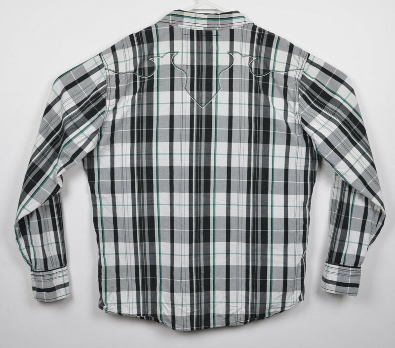Buckle Black Label Men's XL Slim Fit Snap-Front Black Plaid Rockabilly Shirt