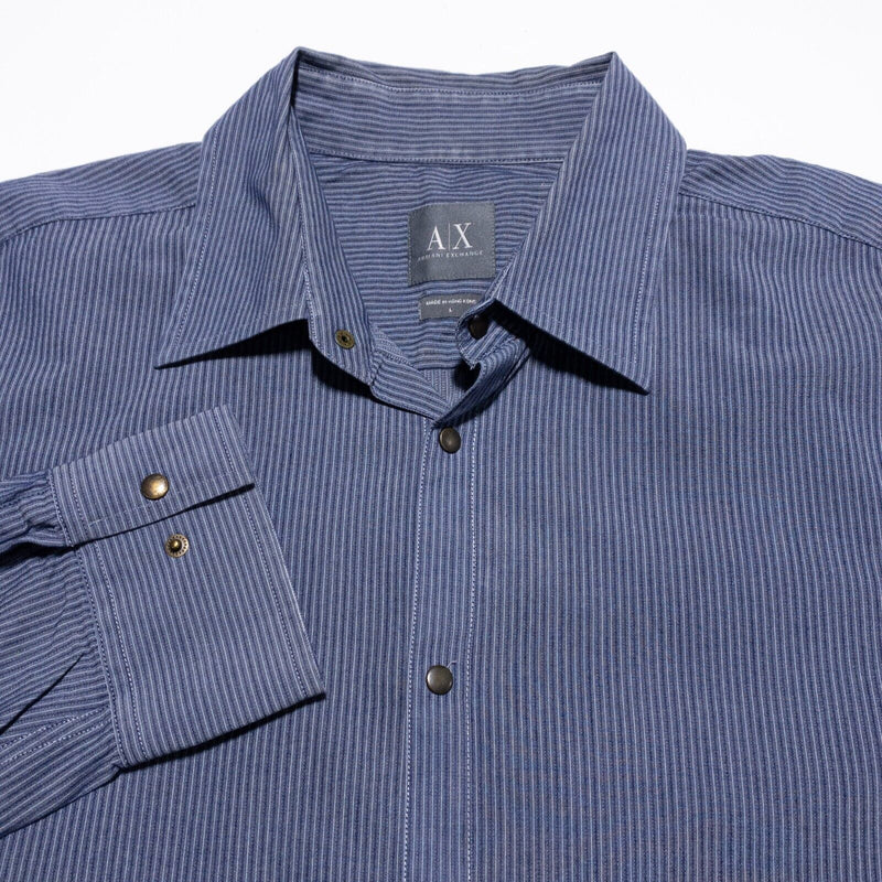Armani Exchange Snap Shirt Men's Large Long Sleeve Striped Blue A|X Designer