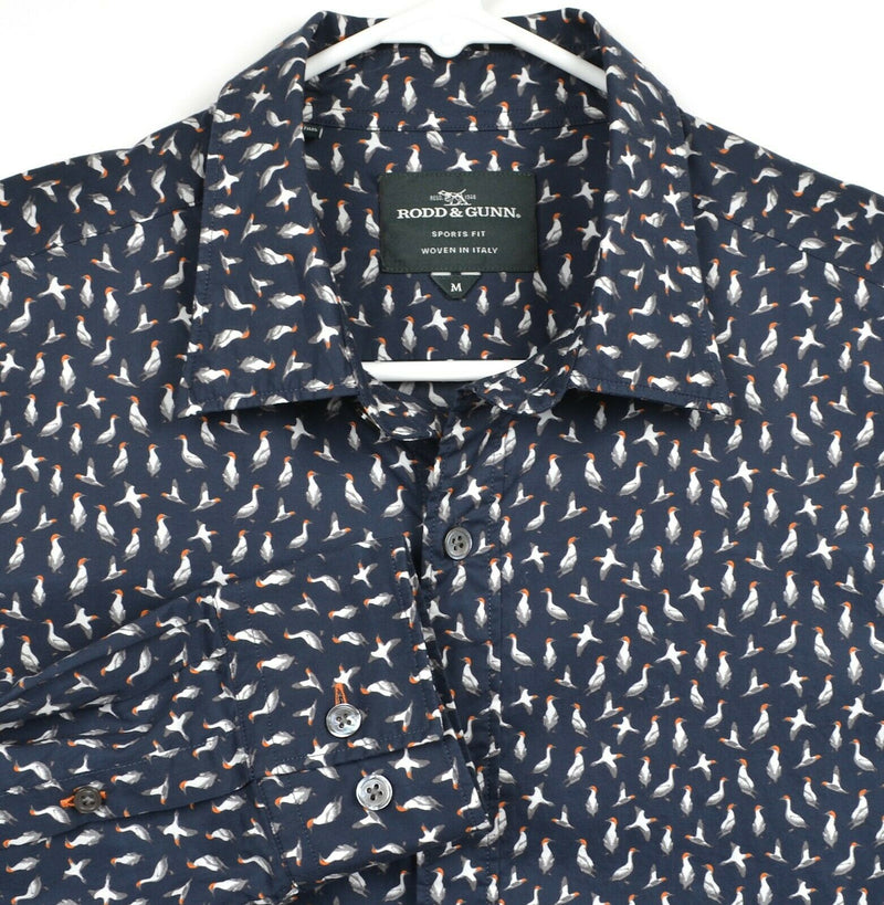 Rodd & Gunn Men's Sz Medium Sports Fit Bird Pattern Navy Blue Button-Front Shirt