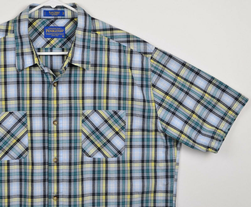 Pendleton Men's Sz XL "Wave Shirt" Turquoise Yellow Plaid Short Sleeve Shirt