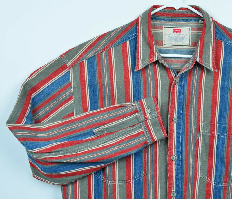 Vtg 90s Levi's Mens Sz Large Metal Rivet Buttons Red Blue Striped Railroad Shirt