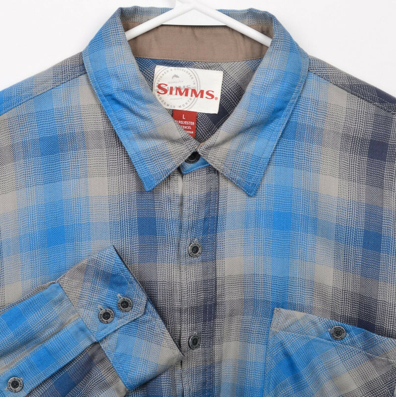 Simms Fishing Men's Large Blue Polyester Tencel Blend Flannel Button-Front Shirt