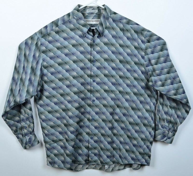 Jhane Barnes Men's Large Waves Psychedelic Blue Green Disco Party Button Shirt