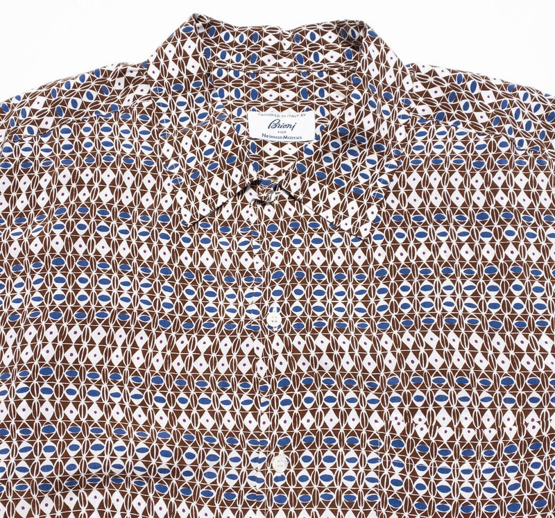 Brioni Rayon Shirt Men's 2XL Geometric Circle Brown Blue Hawaiian Italy Designer